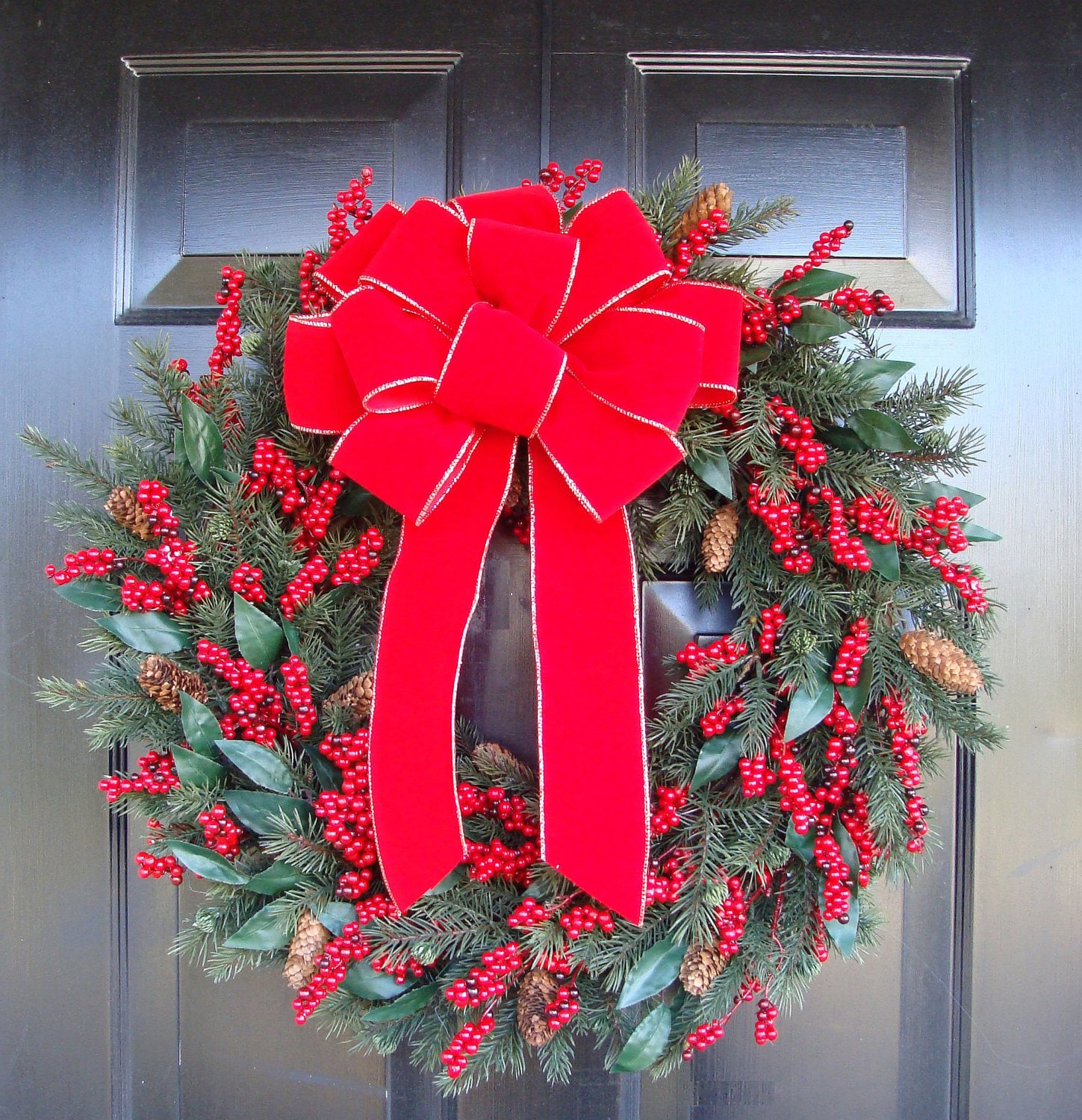 OUTDOOR Thin Red Velvet Christmas wreath bow, Weatherproof bow