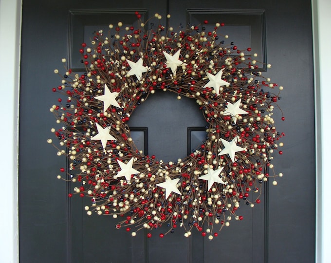 Berry Summer Wreath, Patriotic Wreath, Stars and Stripes Americana Wreath, Memorial Day Wreath, Rustic Berry Wreath, Red White and Blue