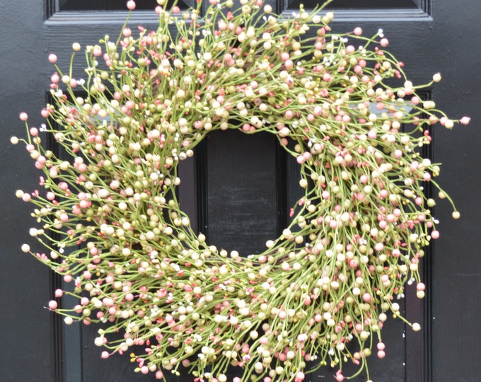 Spring Wreath, Easter Berry Wreath, Spring Decor, Spring Wreath, Easter Wreath Decor, Year Round Wreath, Pink, Green, Cream