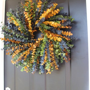 Blue, Sage, Amber Eucalyptus Wreath- Year Round Wreath- Spring Wreath- Wall Decor- Dried Floral Eucalyptus Wreath
