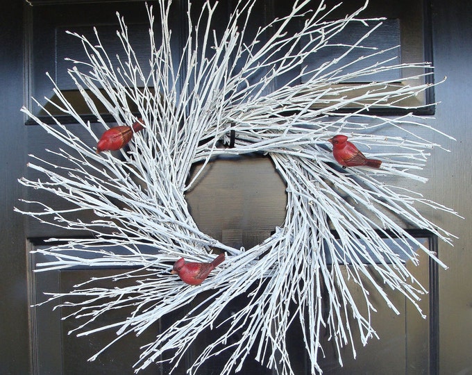 Winter Twig Wreath With Cardinals, Snow White Winter Wreath, Holiday Wreath through Winter Decoration