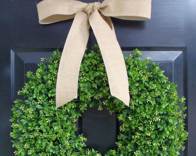 Spring Boxwood Wreath- Year Round Wreath Decor- Etsy Wreath- Artificial Boxwood Wreath- Burlap Ribbon- Christmas Wreath- Fall Wreath