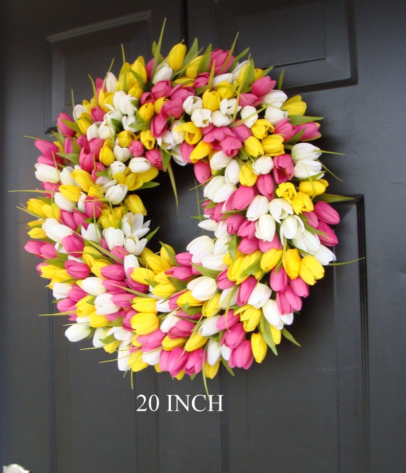 BESTSELLER Corona de primavera Corona de primavera de tulipán Corona de verano Corona de puerta principal personalizada Decoración de primavera Decoración de Pascua Colores personalizados imagen 2