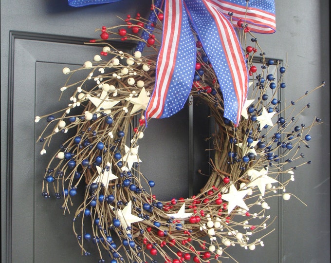 July 4th Decor, Fourth of July Wreath, July 4th Berry Wreath, Americana Patriotic Wreath, Americana Decor, Rustic Wreath, Primitive