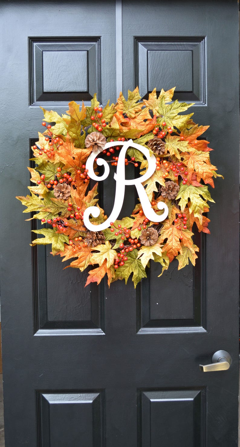 Fall Wreath Fall Decor Monogram Wreath with Pinecones Fall Berries and Leaves Wreath Fall Colors 22 inch shown Autumn Fall Decor