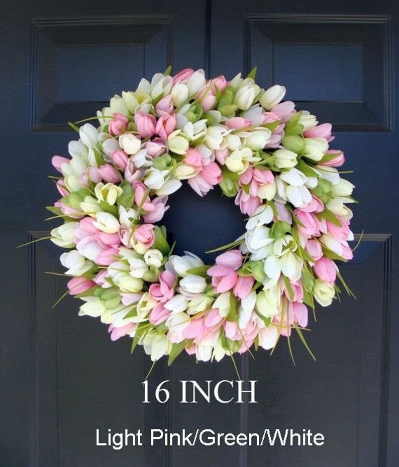 BESTSELLER Corona de primavera Corona de primavera de tulipán Corona de verano Corona de puerta principal personalizada Decoración de primavera Decoración de Pascua Colores personalizados Ltpink/green/ white