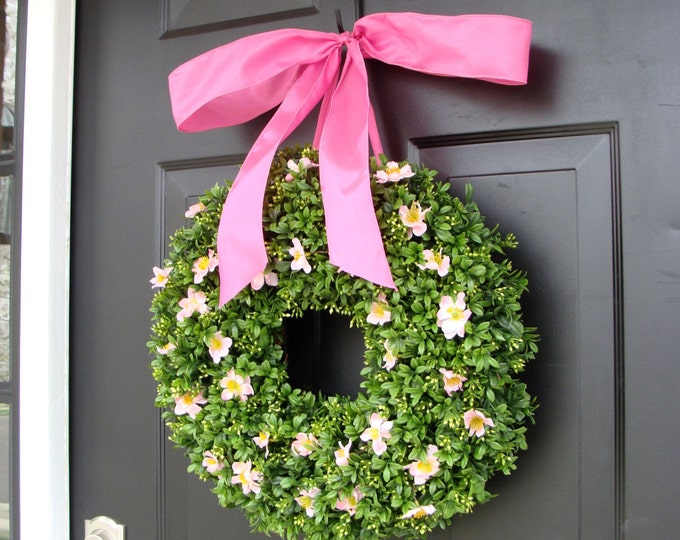 Pink Boxwood Spring Wreath- Breast Cancer Awareness- Pink Summer Wreath- Year Round Wreath- 16 INCH Shown- other sizes available