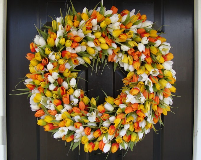 Spring Decor- Mother's Day Wreath- Easter Wreath- Spring Wreath- 24 inch Extra Large Wreath, Tulip Summer Wreath for Front Door