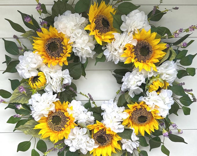 Hydrangea and Sunflower Summer Wreath, XXL Front Door Year Round Farmhouse Sunflower Wreath, Hydrangea Spring Wreath for Outdoors