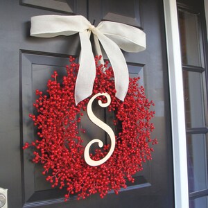 Christmas Decor- Christmas Wreath Front Door- Holiday Decoration- Christmas Decoration- Holiday Decor- Monogram Berry Christmas Wreath