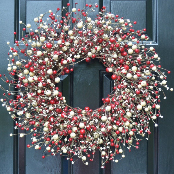 Red Cream Berry Valentine's Day Wreath:  Valentine Gift, Front Door Decor