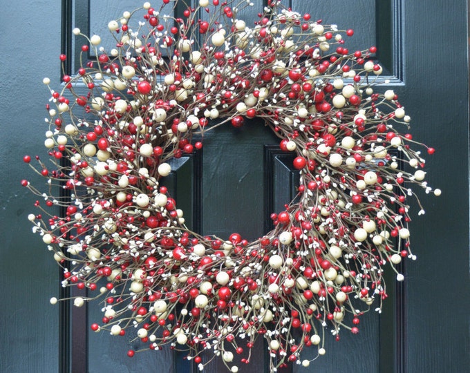 Valentine's Day Red and Cream Berry Wreath- Valentine's Day Wreath- Valentine Decor Berry Door Wreath- Christmas Winter Wreath