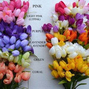 May include: A bouquet of artificial tulips in various colors, including pink, light pink, purple, lavender, green, coral, orange, yellow, and white. The tulips are arranged in a rainbow pattern.