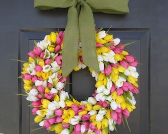 Decoración de primavera- Corona de primavera- Corona de tulipán- Corona para puerta- Corona de puerta- Corona de Etsy Tamaños personalizados