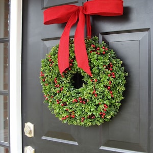 Christmas Berries Boxwood Holiday Wreath Christmas Wreath with Designer Ribbon, Boxwood Wreath, Berry Wreath, Winter Wreath, Sizes14-26 Inch image 1