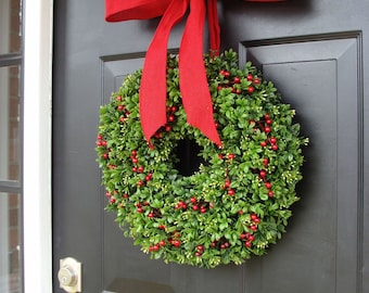 Christmas Berries Boxwood Holiday Wreath Christmas Wreath with Designer Ribbon, Boxwood Wreath, Berry Wreath, Winter Wreath, Sizes14-26 Inch