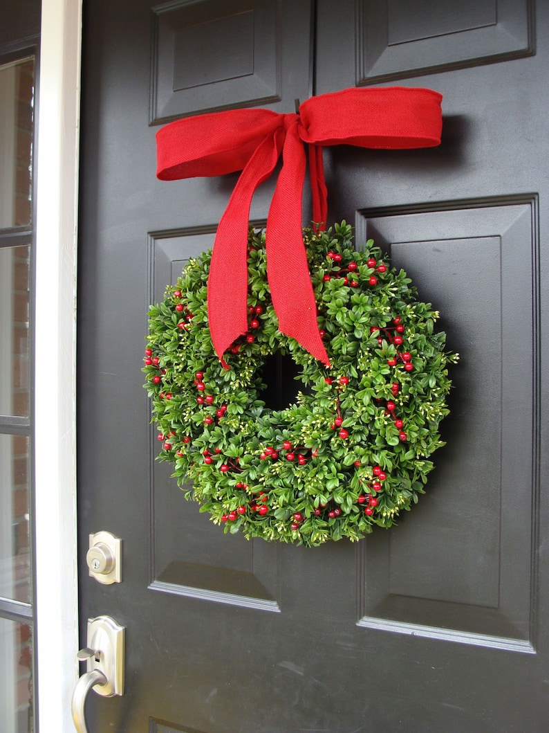 Christmas Berries Boxwood Holiday Wreath Christmas Wreath with Designer Ribbon, Boxwood Wreath, Berry Wreath, Winter Wreath, Sizes14-26 Inch image 1