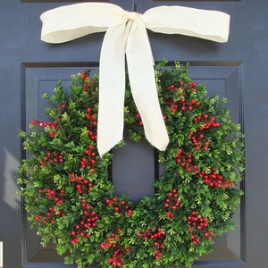 Farmhouse Christmas Wreath Front Door Outdoor Boxwood Red Berries Holiday Wreath Winter Farmhouse decor Storm Door Wreath Decor image 6