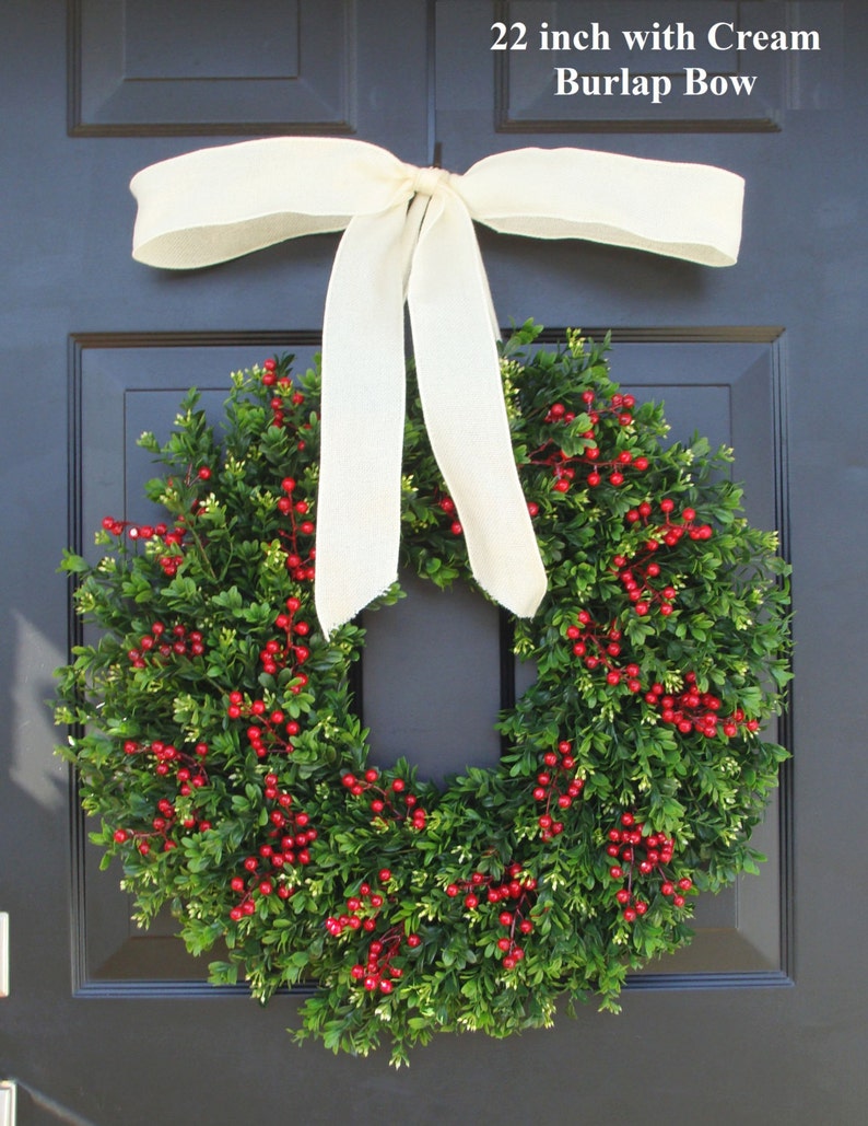 Farmhouse Christmas Wreath Front Door Outdoor Boxwood Red Berries Holiday Wreath Winter Farmhouse decor Storm Door Wreath Decor image 6