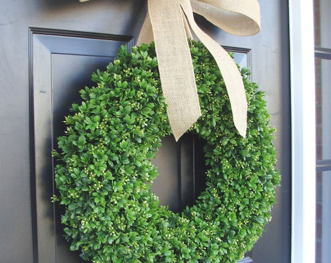 Artificial Boxwood Wreath- Summer Wreath- Wedding Wreath- 20 inch Artificial Boxwood Wreath- Burlap Ribbon- Christmas Wreath-