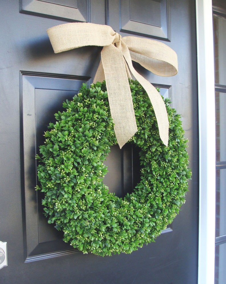 Artificial Boxwood Summer Wreath Spring Wreath Door Wreath Year Round Wreath Spring Decor Burlap Bow Fall Wreath image 2