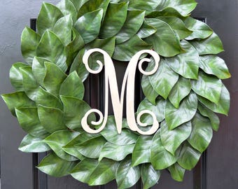 Weatherproof Monogramed Magnolia Wreath, Magnolia Leaves Door Wreath, Fixer Upper Southern Decor Year Round Wreath Southern Gift for Her