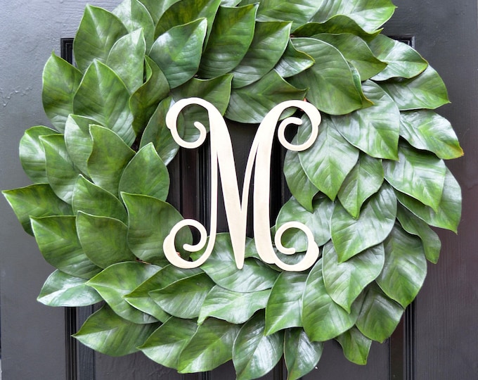 Weatherproof Monogramed Magnolia Wreath, Magnolia Leaves Door Wreath, Fixer Upper Southern Decor Year Round Wreath Southern Gift for Her