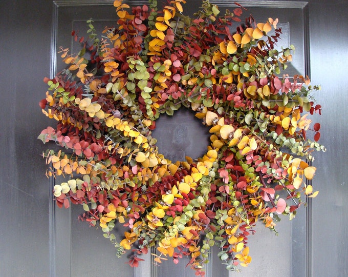 Fall Wreath- Fall Colors Preserved Eucalyptus Dried Floral Wreath