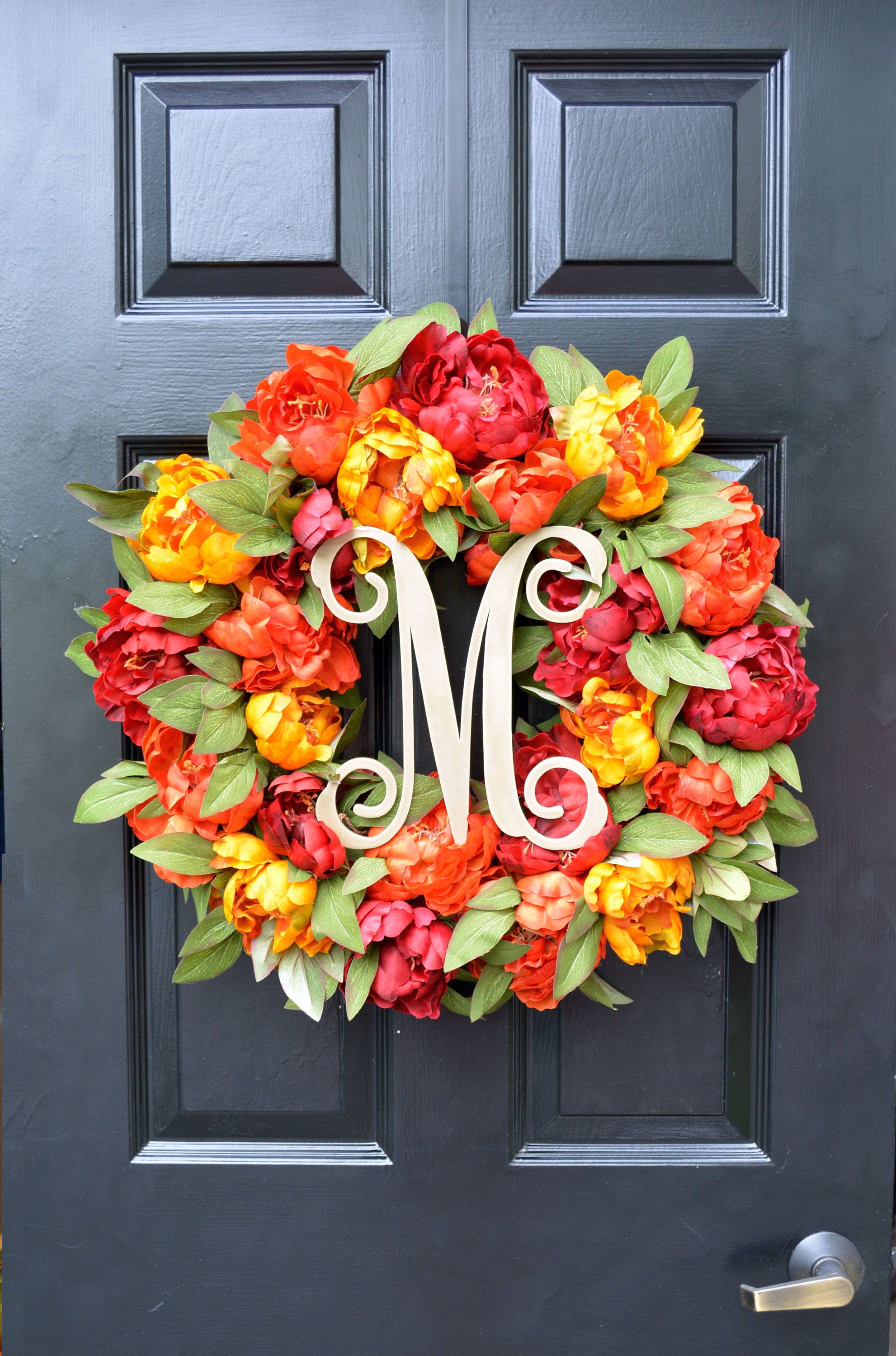 Fall Wreath, Fall Colors Peony Wreath, Monogram Wreath for Front Door