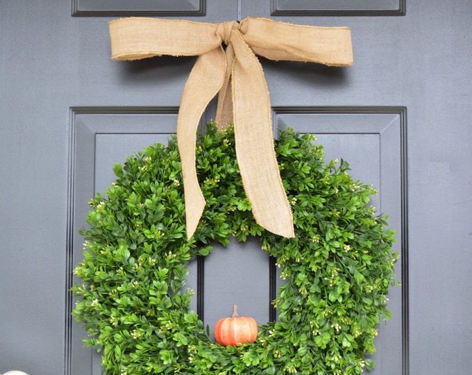 Fall Boxwood Wreath, THIN Pumpkin Fall Wreath, THIN Boxwood Door Hanging, Fall Wreaths, Fall Decor, Boxwood with Burlap Bow