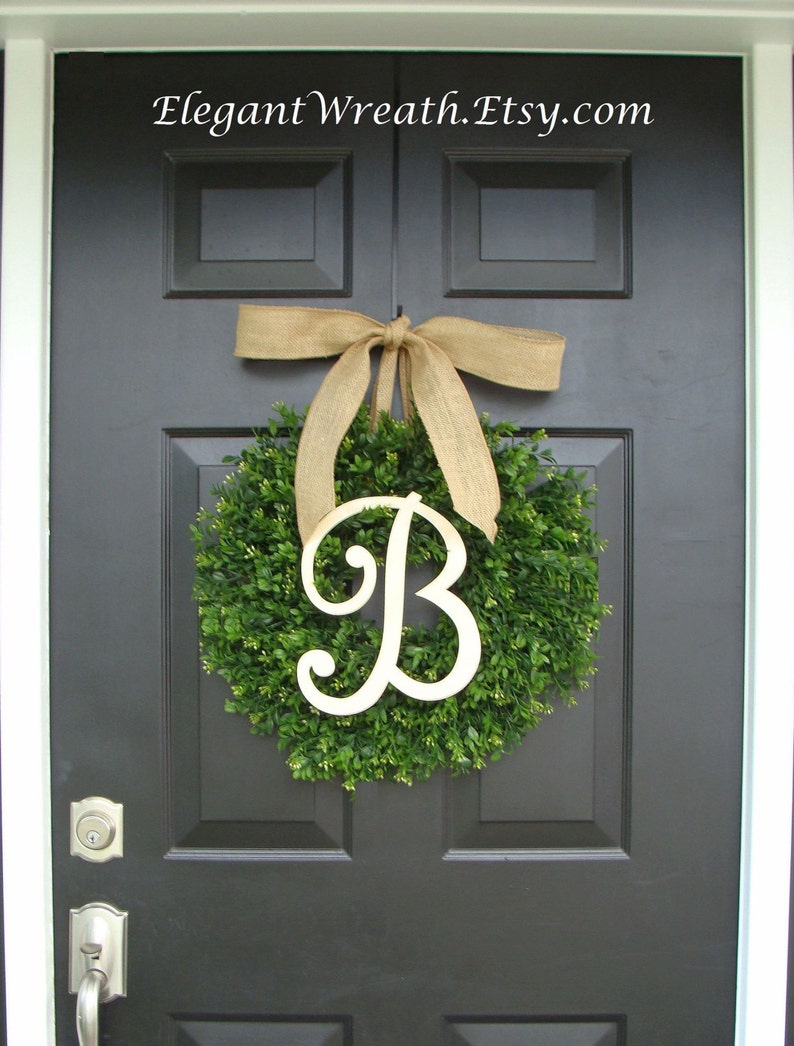 Faux Boxwood Wreath, Monogram Spring Wreath, Outdoor Door Hanging, Fall Wreaths, Spring Decor, Boxwood with Burlap Bow image 1