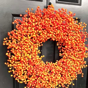 Orange Berry Fall Wreath: Weatherproof Halloween Wreath, Autumn Front Door Decor Custom Sizes