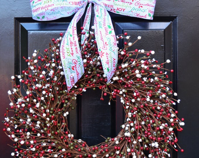 Christmas Wreath- Berry Red Green Cream Door Wreath- Winter Wreath- Christmas Decor- Winter Decor- Christmas Decoration- Berry Wreaths