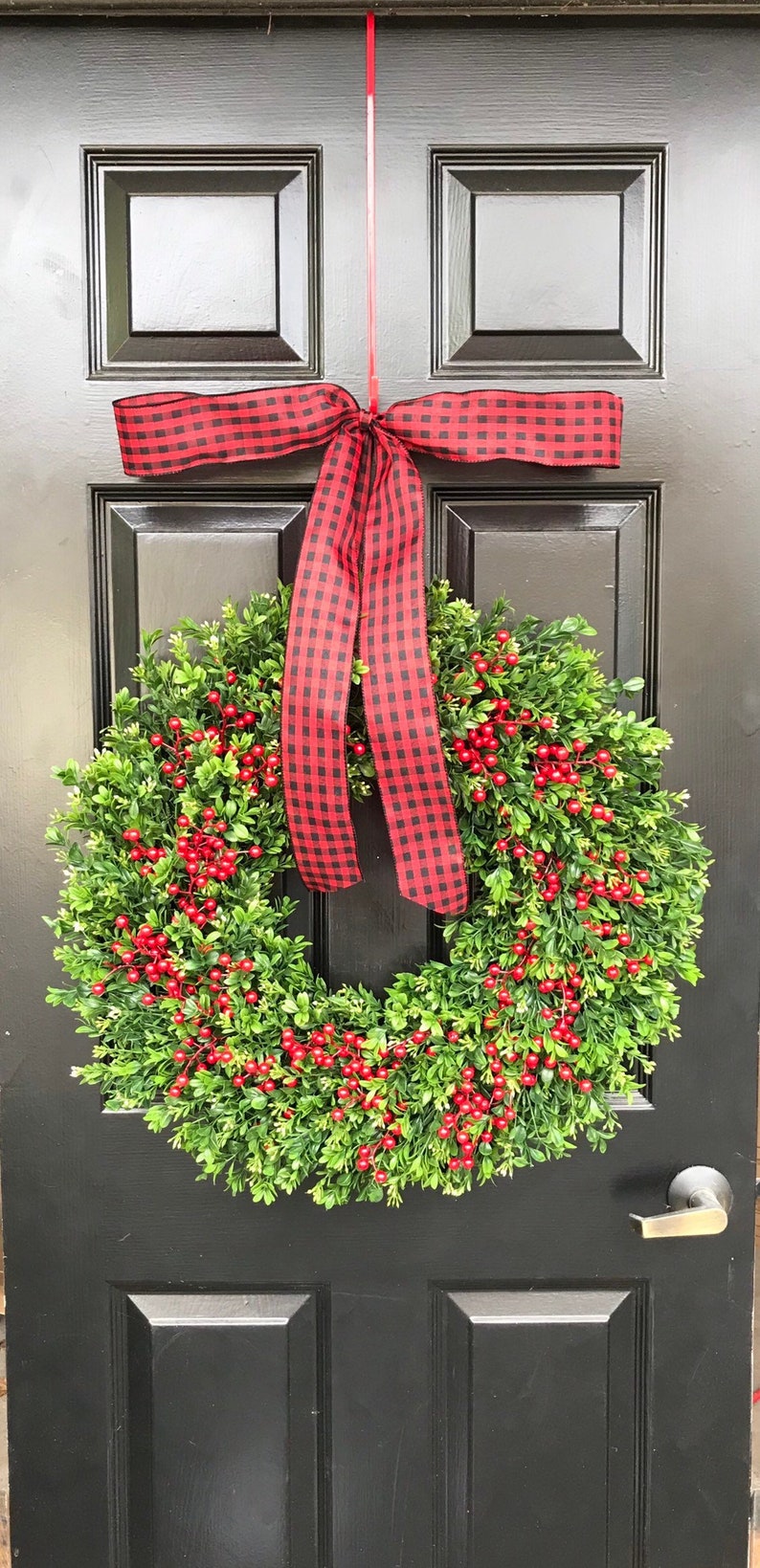 Farmhouse Christmas Wreath Front Door Outdoor Boxwood Red Berries Holiday Wreath Winter Farmhouse decor Storm Door Wreath Decor image 1