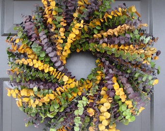 Spring Wreath- Mardi Gras Wreath- Spring Decor- Year Round Wreath- Eucalyptus Wreath-Dried Floral