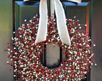 Valentine's Day Berry Wreath- Red and Cream Door Wreath- Fall Wreath- Wedding- Christmas Wreath- Fall Winter Decor- Year Round Decoration