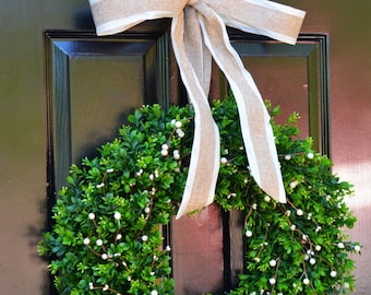 Boxwood Berry Wreath- Cream Berry Wreath, Year Round Wreaths, Wedding Decoration, Spring Wreath, Summer Wreath, Door Wreath, Home Decor