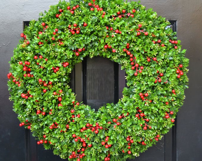 Berry Boxwood Christmas Wreath- Holiday Wreath-Berry Door Wreath- Weatherproof Berry Boxwood Winter Wreath-Christmas Decor-Everygreen Wreath