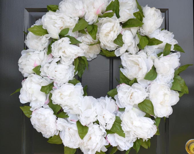 White Peony Farmhouse Wreath, XXL Front Door Peony Wreath for Summer and Spring, Year Round Everyday Summer Wreath Elegant Wedding Decor