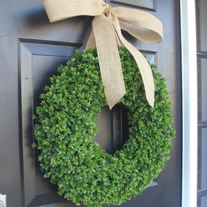 Faux Boxwood Wreath, Monogram Spring Wreath, Outdoor Door Hanging, Fall Wreaths, Spring Decor, Boxwood with Burlap Bow image 3