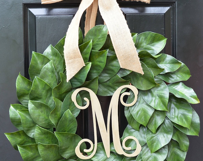 Weatherproof Monogramed Magnolia Summer Wreath, Magnolia Leaves Door Wreath, Southern Decor Year Round Wreath Southern Gift for Her