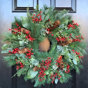 XXL Eucalyptus Magnolia Pine Berry Christmas Wreath Weatherproof Red Berry, Pine Cone, Magnolia, Eucalyptus Pine Xmas Wreath