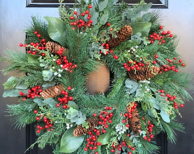 XXL Eucalyptus Magnolia Pine Berry Christmas Wreath Weatherproof Red Berry, Pine Cone, Magnolia, Eucalyptus Pine Xmas Wreath