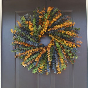 Eucalyptuskrans, gedroogde bloemenkrans, gedroogde bloemstuk-blauw, salie en amber in 16,20 of 24 inch maten, wanddecoratie, woondecoratie