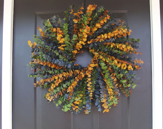 Eucalyptus Wreath, Dried Floral Wreath, Dried Floral Arrangement- Blue, Sage, and Amber in 16,20 or 24 inch Sizes, Wall Decor, Home Decor