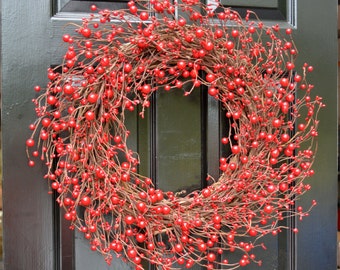 Rustic Red Berry Front Door Wreath: Farmhouse Year-Round Holiday Christmas Decor through Valentine's Day