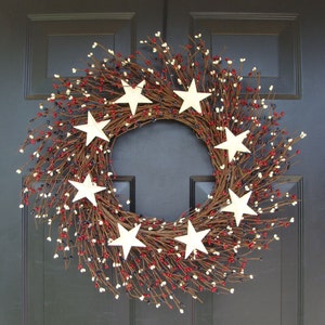 Berry Wreath, Patriotic Wreath, Stars and Stripes Americana Wreath, Memorial Day Wreath, Rustic Berry Wreath, Red White and Blue