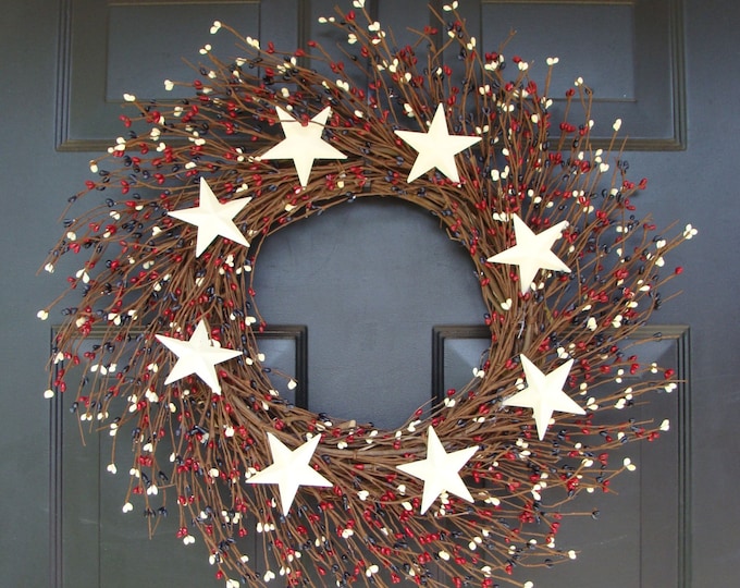 Berry Wreath, Patriotic Wreath, Stars and Stripes Americana Wreath, Memorial Day Wreath, Rustic Berry Wreath, Red White and Blue