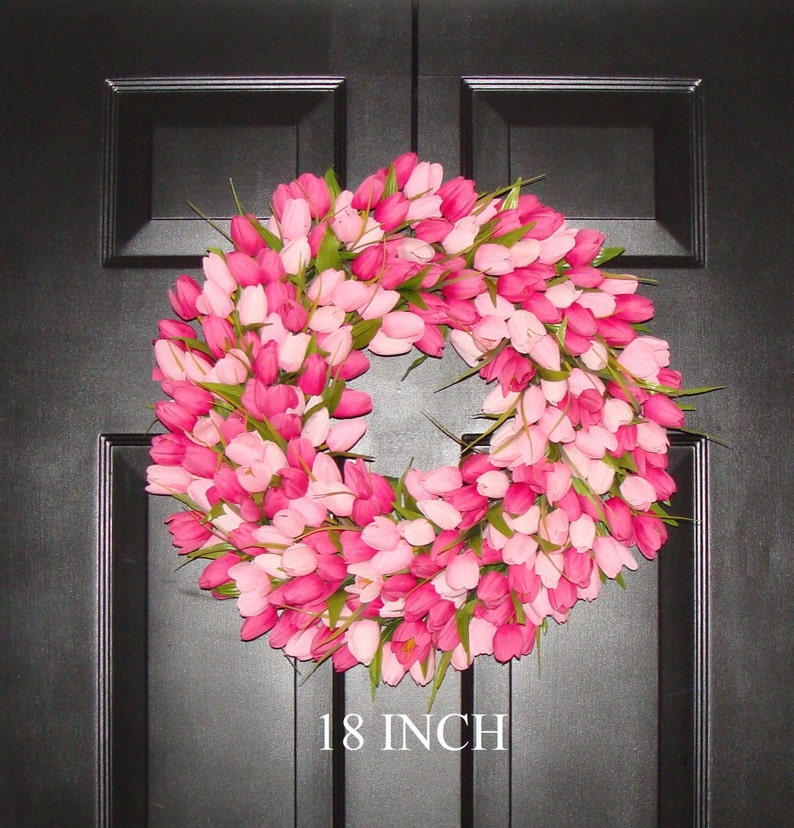 Spring Wreath Pink Mini Tulip Spring Wreath Front Door Wreath for Spring image 1