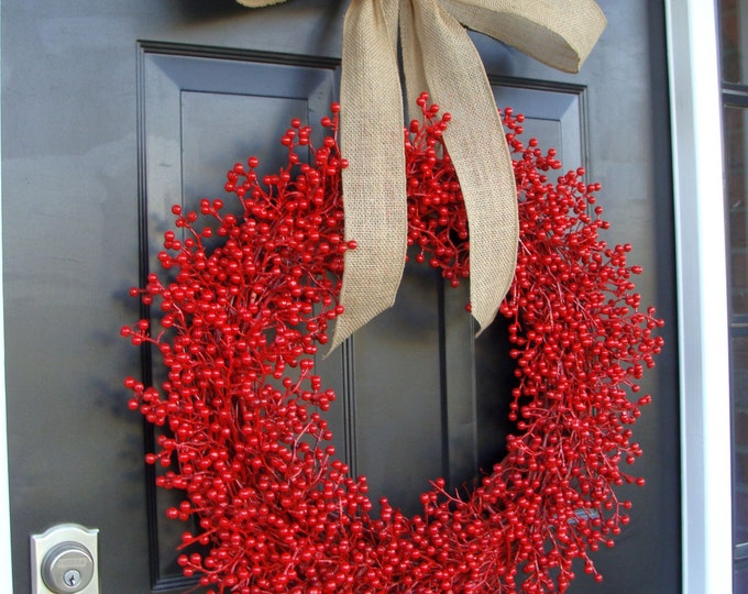 Weatherproof Berry 24 inch Shown Red Christmas Wreath-  Holiday Wreath- WEATHERPROOF, Designer Ribbon 14-24 inch sizes available